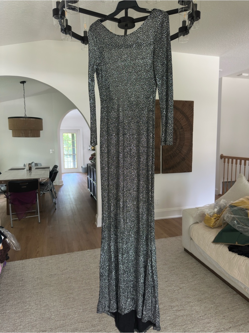 Long Sleeve Black & silver Maxi Dress